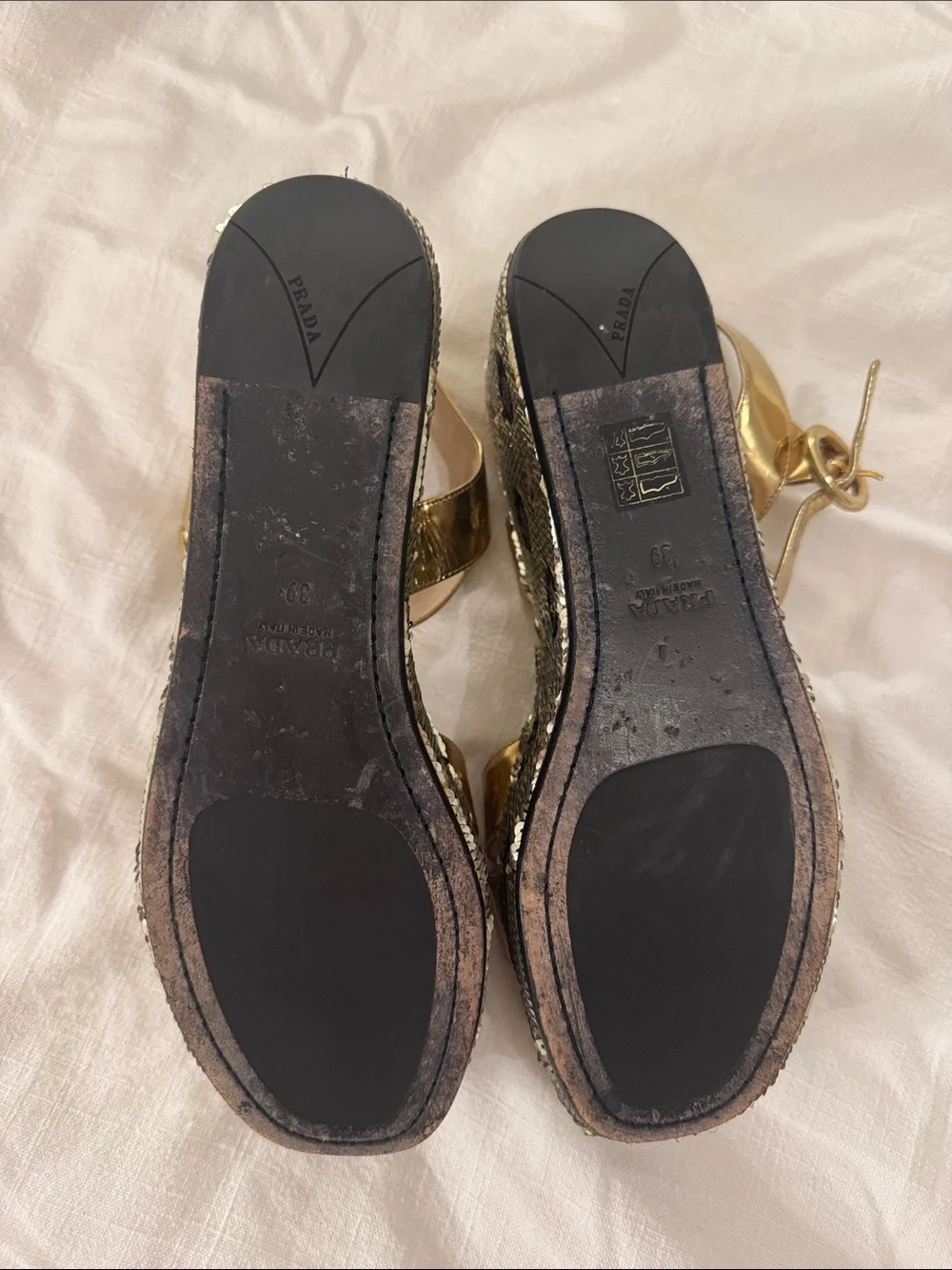 Prada Gold Sequined Platform Sandals with Black Motif